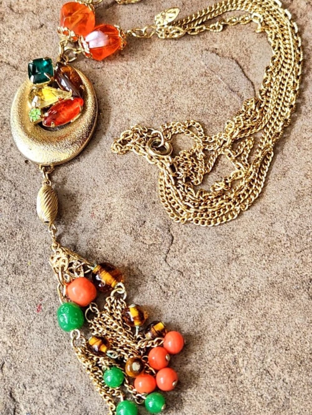 Vtg Statement Necklace Gold Tone Multi Chain & Colored Rhinestone Beaded Tassel - Picture 5 of 16